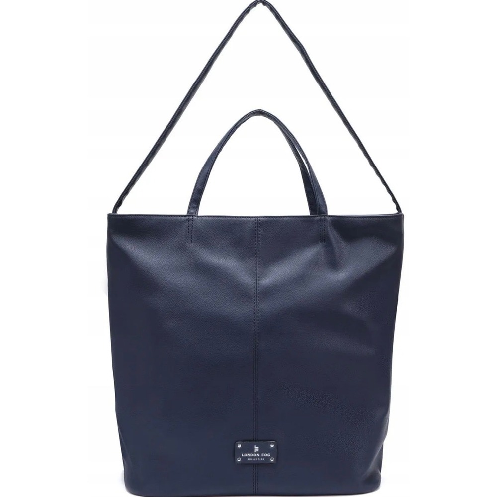 London Fog Collection Navy Blue Faux Leather Tote Bag Shoulder Strap Gold Tone